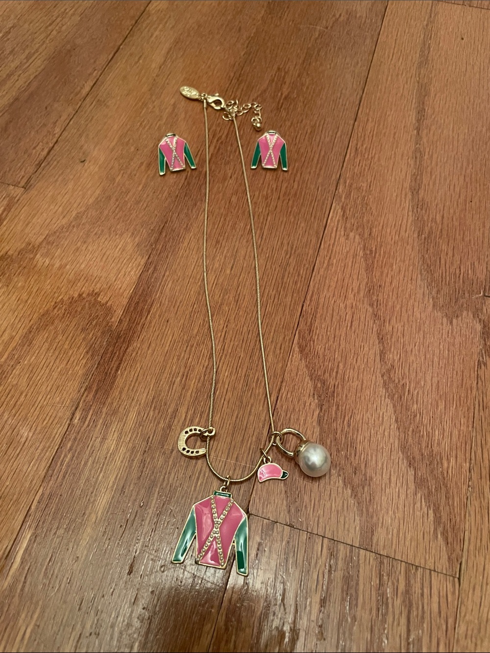 Women's Pink & Green Equestrian Jacket Pendant Necklace and Earring Set